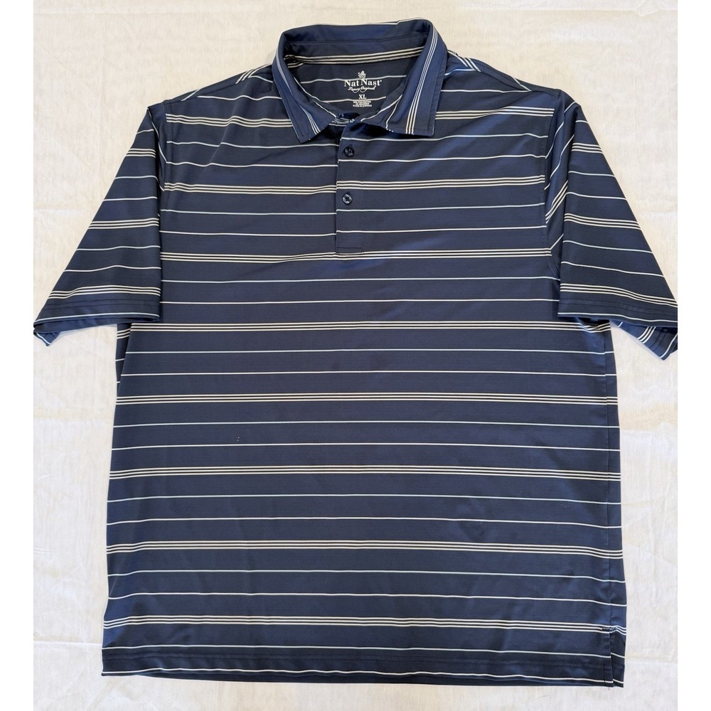 Nat Nast Men's XL Navy Blue Striped Short Sleeve Golf Polo Casual Collared   A6